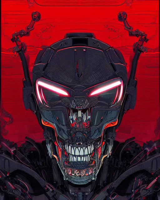 Prompt: a portrat of an immortal mecha cyber skeleton with glowing red eyes, digital art by dan mumford and Derek Riggs, trending on artstationhq