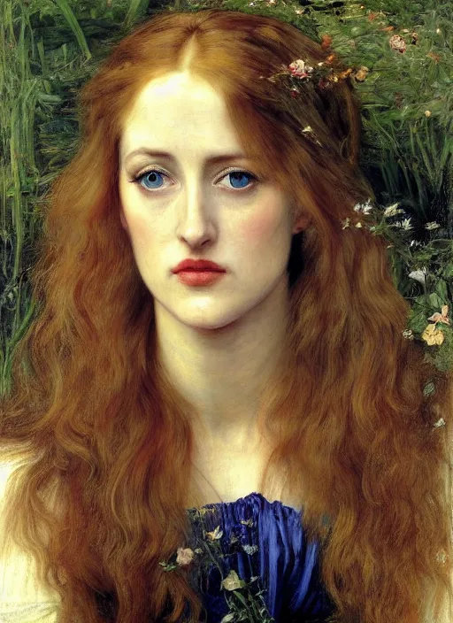 Image similar to a beautiful painting of young gillian anderson by John Everett Millais and Dante Gabriel Rossetti and John Collier and john william waterhouse, pre-raphaelite, detailed, trending on artstation, hd, masterpiece