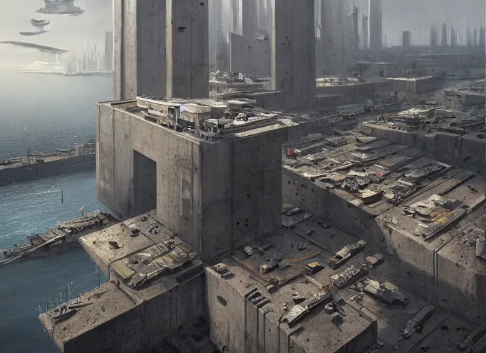 Prompt: a brutalist concrete harbor, a fantasy digital painting by greg rutkowski and james gurney, trending on artstation, highly detailed