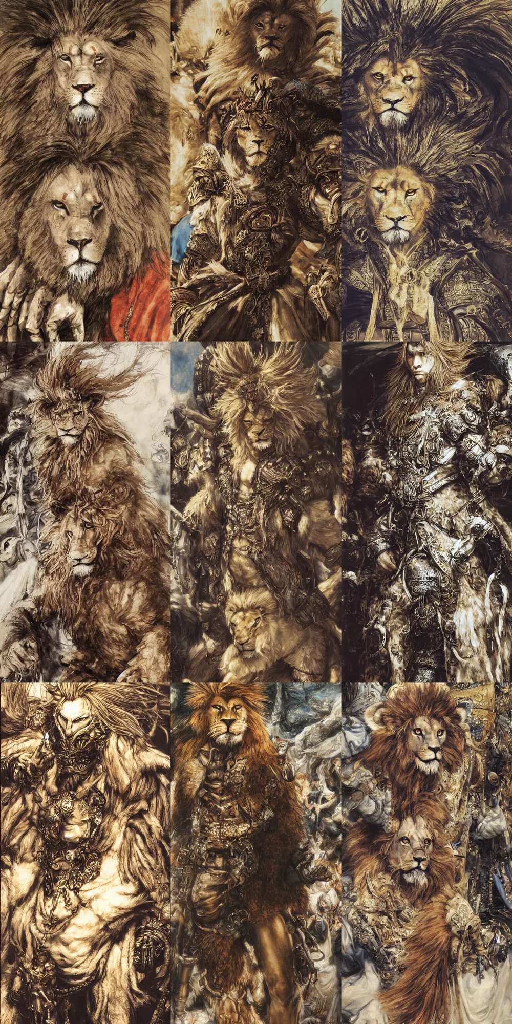 Image similar to 8 k yoshitaka amano painting of upper body of a young cool looking lion beastman with white mane at a medieval market at windy day. depth of field. he is wearing complex fantasy clothing. he has huge paws. renaissance style lighting.