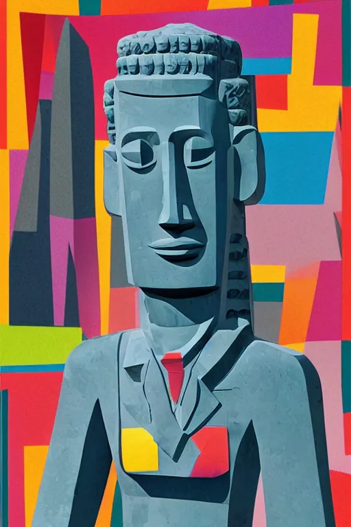 Image similar to cubist moai statue cutout digital illustration cartoon colorful beeple