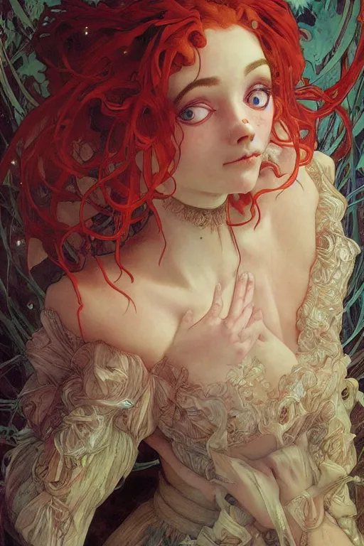 Prompt: realistic detailed painting of creepy clown girl, as Anna from Frozen by Alphonse Mucha, Ayami Kojima, Amano, Charlie Bowater, Karol Bak, Greg Hildebrandt, Jean Delville, and Mark Brooks, Art Nouveau, Neo-Gothic, gothic, rich deep colors