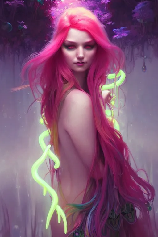 Image similar to stunningly beautiful female neon hair, fantasy art, fae priestess, mushroom forest landscape, dark light night, sharp focus, digital painting, 4 k, concept art, art by wlop, artgerm, greg rutkowski and alphonse mucha