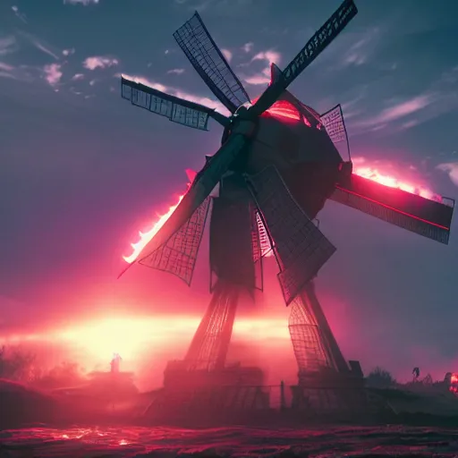 Image similar to gundam as dutch windmill in gundam, gundam is windmill shaped, dutch windmill gundam, in gears of war, splash art, movie still, cinematic lighting, ray tracing, octane render, long lens, shallow depth of field, bokeh, anamorphic lens flare, 8 k, hyper detailed, 3 5 mm film grain