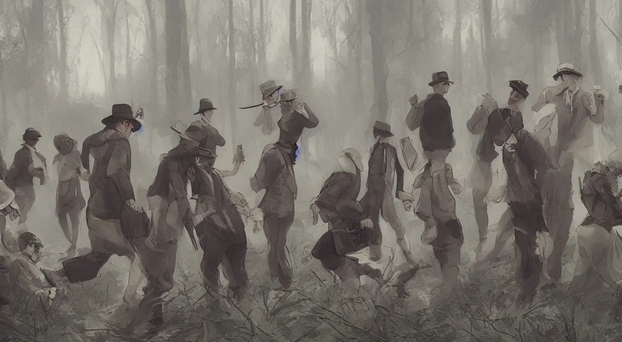Prompt: A group of people in 1920s clothing smuggling alcohol through the woods, hiding from the law, running from the authorities, dirty and sweaty, hyperdetailed, artstation, cgsociety, 8k