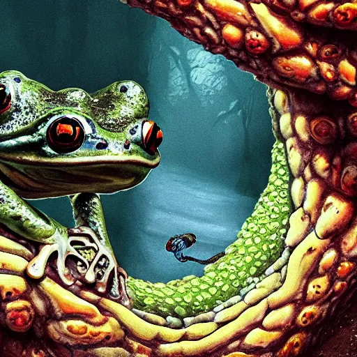 Prompt: the horror in the woods, the world’s greatest drawing of a frog, 4000 meters above the bottom of the ocean, cinematic, hyper realism, high detail, octane render, unreal engine, 8k, vibrant color, the inhabitants of the Moon resembled large serpents with a spongy, porous skin, Integrating with Technology, by dom qwek and andrea chiampo