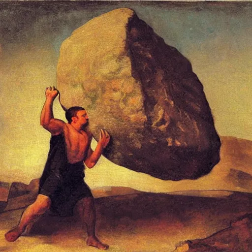 Image similar to a painting of benjamin netanyahu as sisyphus, carrying large boulder on shoulders, mountain background, by franz stuck