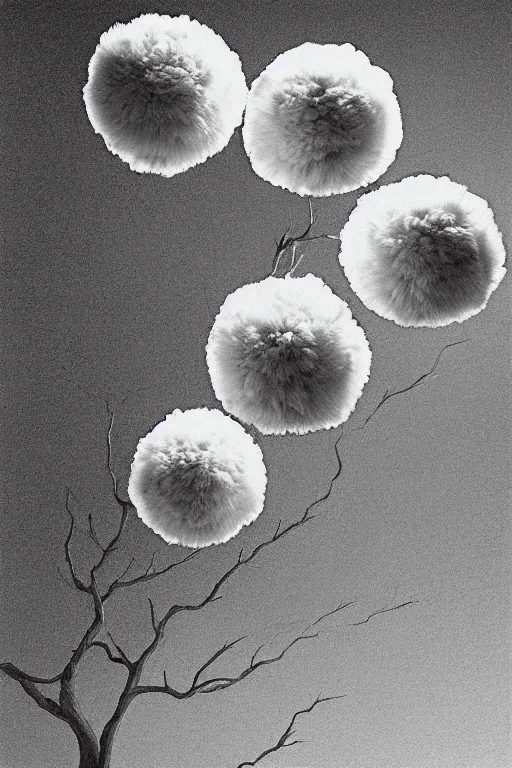 Prompt: a pompom tree, low angle photography, digital illustration by chris van allsburg and artgerm, surreal, photorealistic, award winning