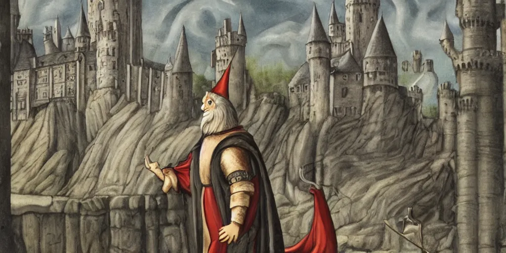 Prompt: a gray striped cat disguised as a wizard Merlin in front of the castle of Camelot. Renaissance style