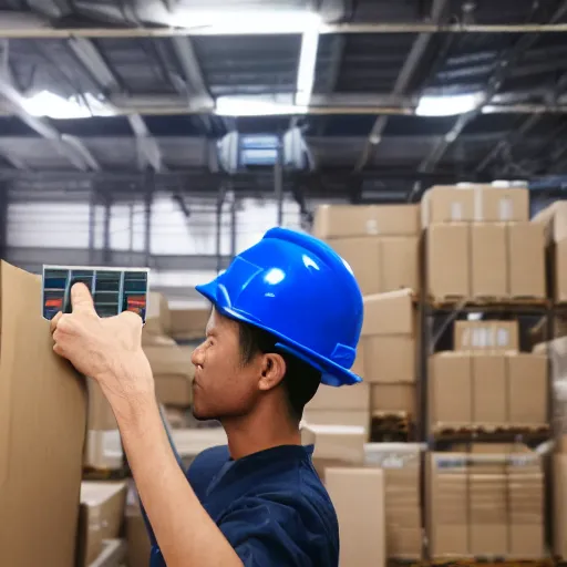 Image similar to a polaroid photo of man doing sort things into sort machines in lazada logistics warehouse, he's wearing blue cloth and construction hat,, photo from behind, highly details, perfect face shape, cinematic lighting,