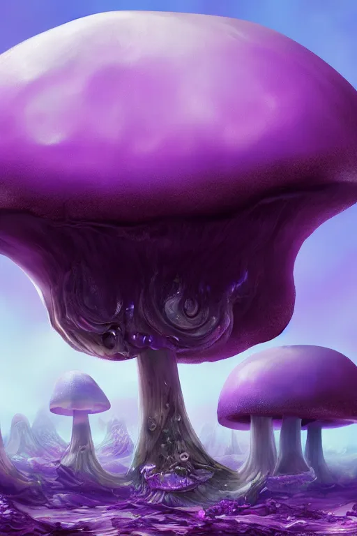 Image similar to Giant Mushroom Dripping Viscous Blobs of Purple Liquid from its Cap, fantasy, digital illustration, realistic, trending on artstation, volumetric lighting, ultra detailed