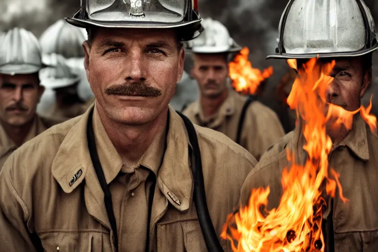 Prompt: closeup potrait firefighters lighting fires, natural light, sharp, detailed face, magazine, press, photo, Steve McCurry, David Lazar, Canon, Nikon, focus