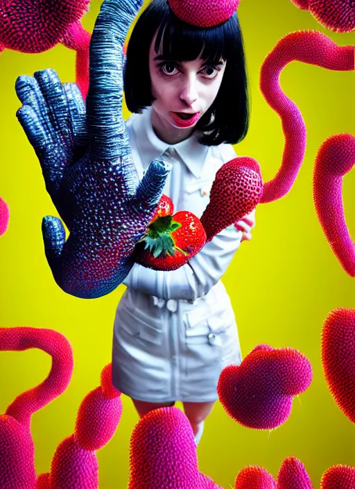 Prompt: hyper detailed render - kawaii portrait (astronaut, suit, chrome dino, porcelain forcefield, looks like Krysten Ritter) Eating Strangling network yellowcake aerochrome strawberry and Her delicate Hands hold gossamer polyp bring black fungal flowers dress, Ryden