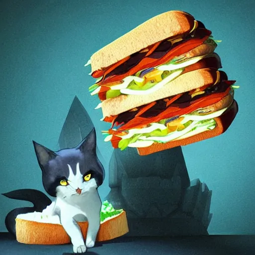 Image similar to giant carnivorous sandwich chasing the scared cat, artstation hq, dark phantasy, stylized, symmetry, modeled lighting, detailed, expressive, created by hayao miyazaki