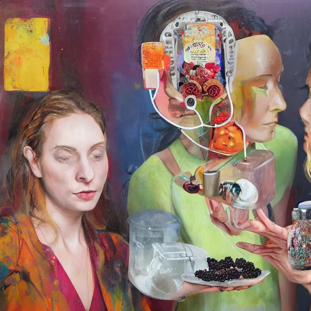 Prompt: two women holding an electronic brain from inside a painting, organic, femme, a portrait in a female art student's apartment, pancakes, berries, octopus, surgical supplies, skull, scientific glassware, cheerios, art materials, candle dripping wax, berry juice drips, neo - expressionism, surrealism, acrylic and spray paint and oilstick on canvas