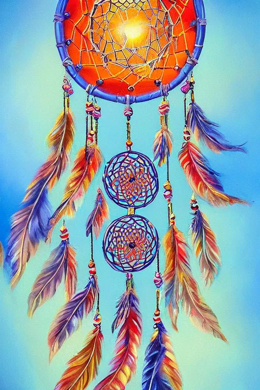 Prompt: beautiful oil painting of a Dream Catcher by Lisa Frank, thomas kinkade, trending on artstation