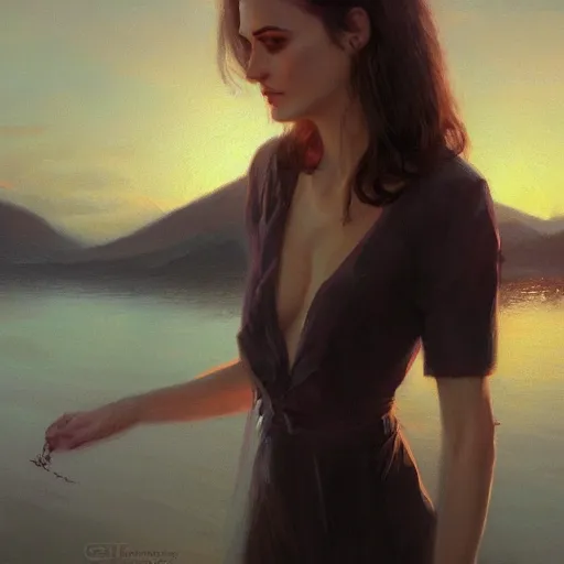 Image similar to a closeup portrait of a winona ryder, dramatic light, lake background, sunset, dark, painted by stanley lau, painted by greg rutkowski, painted by stanley artgerm, digital art, trending on artstation