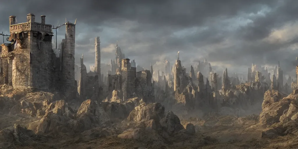 Prompt: beautiful matte painting of a giant wall with guard towers by weta workshop 8 k, cinematic dramatic atmosphere, dramatic lighting