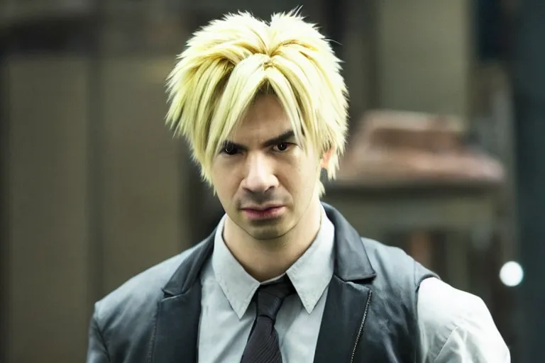 Image similar to live action film still of nathan fielder playing cloud strife in the new sci - fi movie