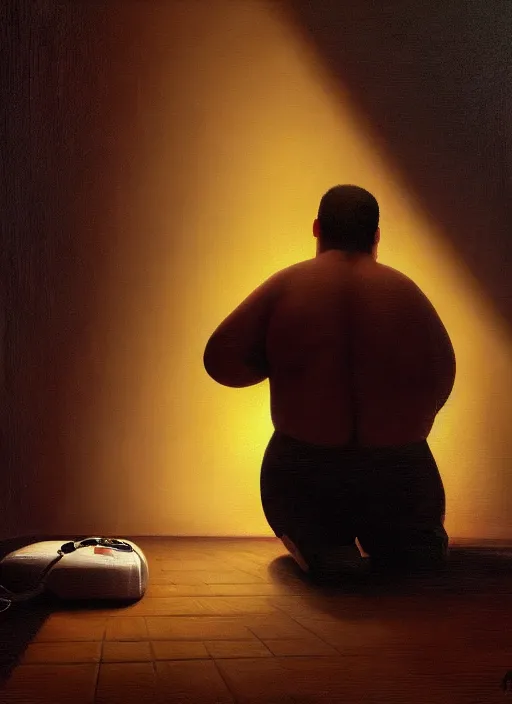 Prompt: insanely detailed chiaroscuro image of a sleepy - looking overweight programmer guy on his knees facing his glowing ultrawide monitor begging it for forgiveness, oil on canvas, masterwork, fine detail, trending on artstation, emotive, insanely compelling, ryden, koons, moebius