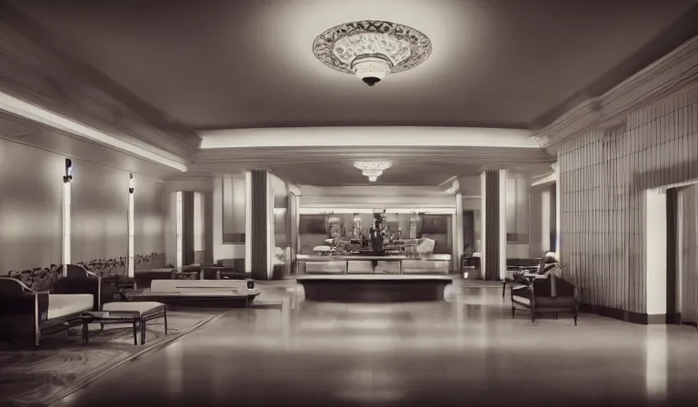 Image similar to a beautiful, sharp focus, clean lines. the interior of a 1 9 4 0 s art deco luxury hotel lobby. vaporwave ombre rendering. outrun style. trending on artstation. recommended for you behance. wes anderson colors. by chris moore. by edward hopper. ambient occlusion. digital matte painting. metropolis filmic. gotham city.