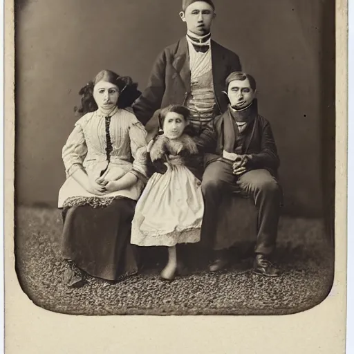 Prompt: daguerrotype of a family with a pet velociraptor 1 9 0 0