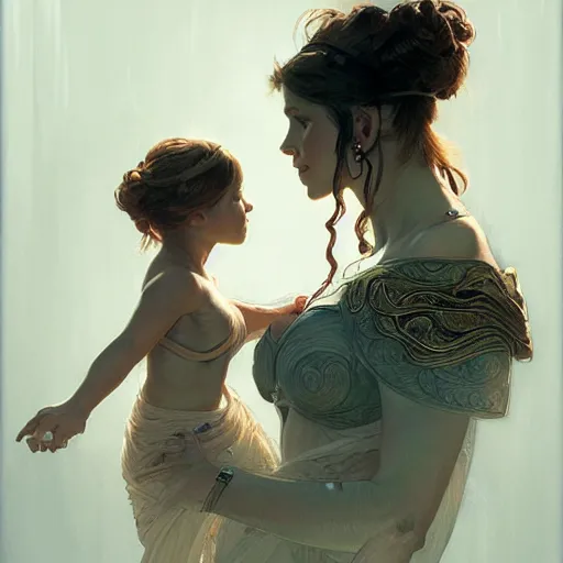 Prompt: a full body portrait of a beautiful girl warrior and her daughter, intricate, elegant, highly detailed, digital painting, artstation, concept art, smooth, sharp focus, illustration, art by krenz cushart and artem demura and alphonse mucha