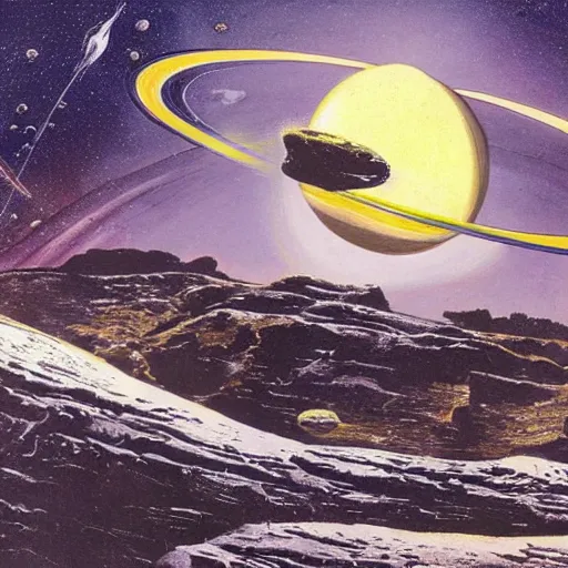 Image similar to an in-orbit space metals excavator, mining ore from asteroids in the rings of a planet with rings, 1970s concept art