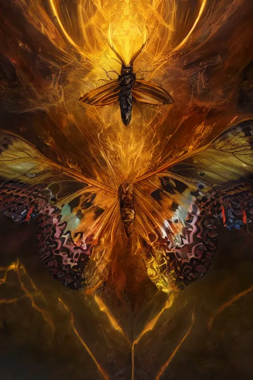 Prompt: fantasy animal concept portrait, digital painting, wallpaper of a butterfly, obsidians skin, with veins of magma and gold, renaissance nimbus overhead, by aleksi briclot, by laura zalenga, by alexander holllow fedosav, 8 k dop dof hdr, vibrant