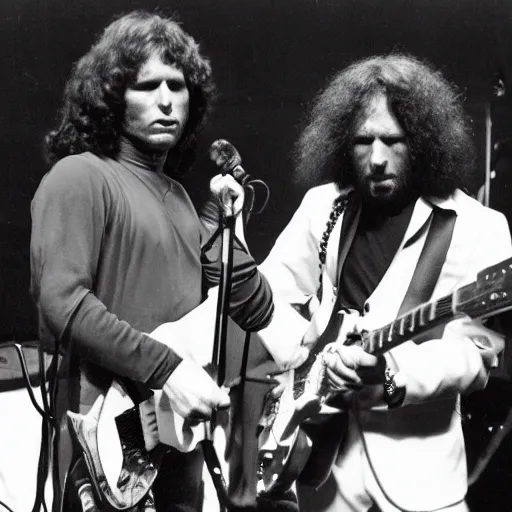 Image similar to Jim Morrison, and Thundercat playing music together on stage