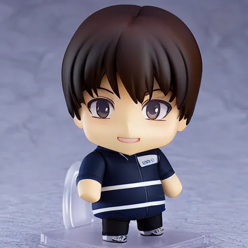 Image similar to nendoroid of a white male who is fat, has dark brown wavy hair, dark brown eyes, a round face and small lips