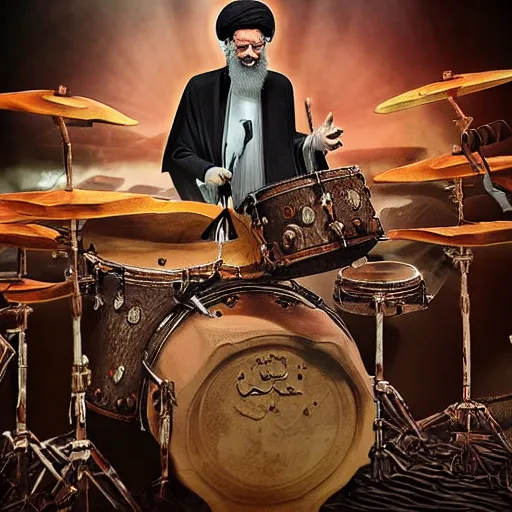 Image similar to khamenei playing drums in heavy metal band in heaven, high definition, trending on artstation, unreal engine, photorealistic, high resolution,, trending on deviantart, hdr, hyper detailed, insane details, intricate, elite, ornate, elegant, luxury, dramatic lighting