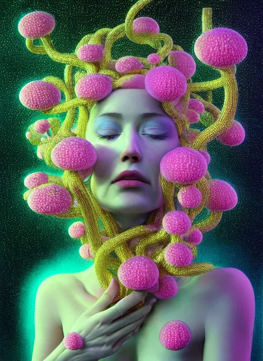 Prompt: hyper detailed 3d render like a Oil painting - Aurora (gilded Singer) seen Eating of the Strangling network of yellowcake aerochrome and milky Fruit and Her delicate Hands hold of gossamer polyp blossoms bring iridescent fungal flowers whose spores black out the foolish stars by Jacek Yerka, Mariusz Lewandowski, Houdini algorithmic generative render, Abstract brush strokes, Masterpiece, Edward Hopper and James Gilleard, Zdzislaw Beksinski, Mark Ryden, Wolfgang Lettl, hints of Yayoi Kasuma, octane render, 8k