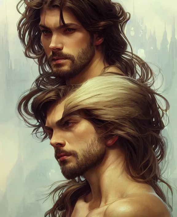 Image similar to portrait close up of guy, concentrated look, symmetry, long hair. d & d, fantasy, intricate, elegant, highly detailed, digital painting, artstation, concept art, art by artgerm and greg rutkowski and alphonse mucha, boris vallejo