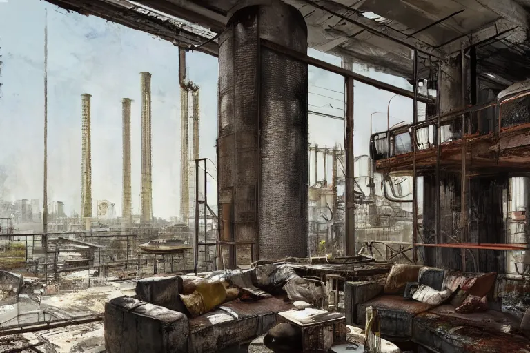 Image similar to palette knife oil pairing of an open - plan loft apartment with a panoramic view of a grim industrial landscape of cooling towers and rusted silos. inside, the apartment is fancy but filled with mess. extreme detail, artstation trending, artgerm, deviant art, octane, substance, art history 8 k