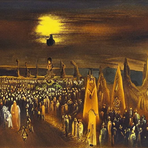 Prompt: A A Holy Week procession of souls in a Spanish landscape at night by Salvador Dali.