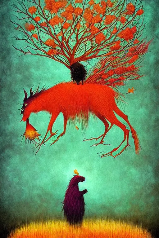 Prompt: surreal hybrid animals, fantasy, fairytale animals, flowerpunk, mysterious, vivid autumn colors, by andy kehoe