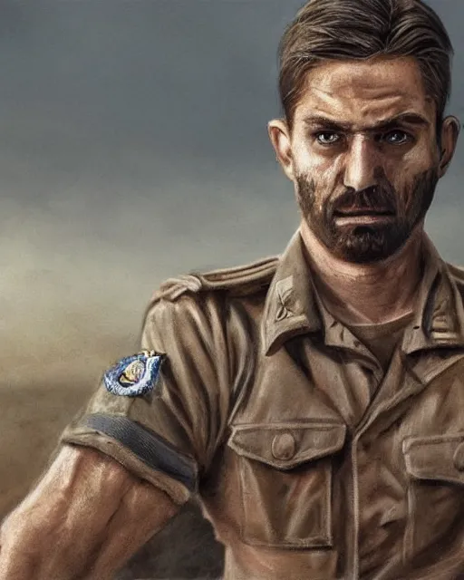 Image similar to portrait of muscular, tired and alcoholic 3 0 - year - old grieving man with short darkblonde hair, serious sad look in his eyes, looking down, dirty beard, blue eyes, crying tears, wearing dirty soldier uniform, on the desert, sad atmosphere, hyper realistic face, character art, art by artgerm, cryengine, trending on artstation, digital art
