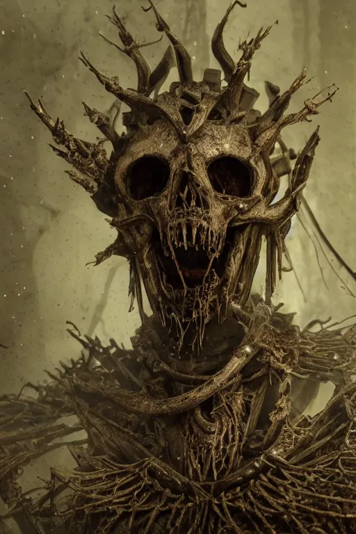 Image similar to a portrait of an ancient decayed lich king, dark fantasy setting, dynamic pose, cobwebs and dust, decay, close - up, intricate details, intricately detailed clothing, intricate textures, warm lighting, vivid colors, smoke and mist, realistic octane render, hyper realistic render, volumetric shading, depth of field, raytracing, 8 k,