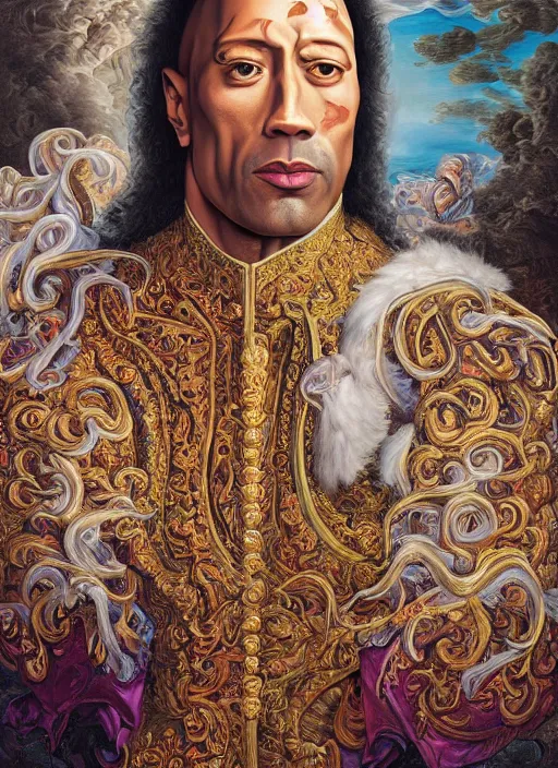 Image similar to beautiful baroque oil painting, full length portrait of Dwayne the rock Johnson as Louis xiv in coronation robes 1701, Dan Mumford, Dan Mumford, Alex grey, Alex grey, highly detailed , lsd visuals, dmt fractal patterns, hallucinogen, visionary art, psychedelic art, ornate, vaporwave