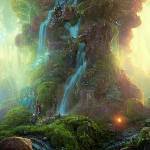 Image similar to tom bagshaw, beautiful amazon full armor, mythical cosmic shrine, soft painting render curiosities carnival pond river vegetation rocks bugs wildlife mushrooms covered moss bioluminescent wisps, beautiful stunning waterfall, accurate features, focus, very intricate ultrafine details, random volumetric lighting, fog, award winning masterpiece, octane render 8 k hd, artstation