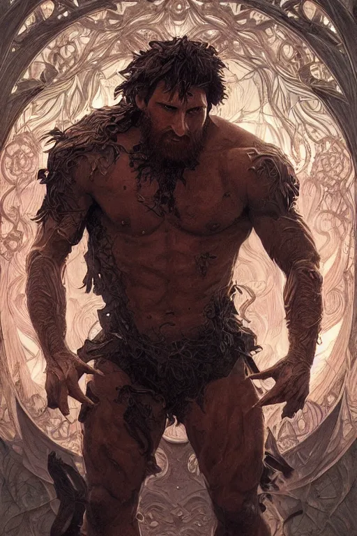 Image similar to portrait of lionel messi as a hulking herculean demon, forest, godlike, full body, fantasy, intricate, elegant, highly detailed, digital painting, artstation, concept art, sharp focus, illustration, art by artgerm and greg rutkowski and alphonse mucha