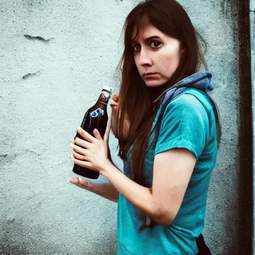 Image similar to photograph of woman holding a bottle in street, kodak, 4 k, realistic intricate detail, hyper detail, woman very tired, full body potrait holding bottle, hazel green eyes, realistic, highlydetailed, natural, masterpiece, sharp focus,