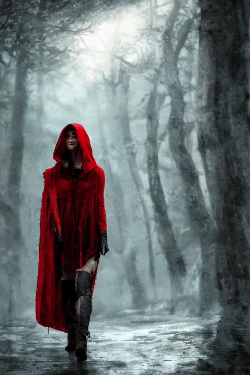 Image similar to little red riding hood, wolf slayer, cyberpunk, dramatic lighting, cinematic, establishing shot, extremely high detail, foto realistic, cinematic lighting, post processed, concept art, high details, cinematic, 8k resolution, beautiful detailed, photorealistic, digital painting, artstation, concept art, smooth, sharp focus, artstation trending, octane render, unreal engine