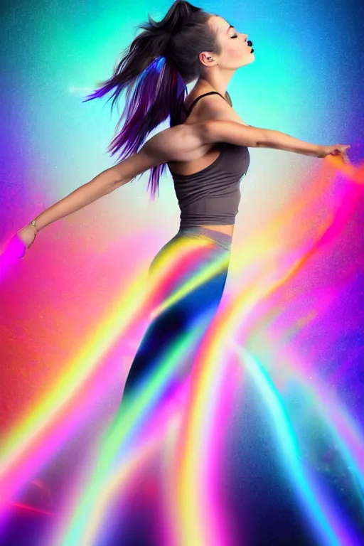 Image similar to a award winning half body portrait of a beautiful woman with stunning eyes in a croptop and leggings with reinbow colored ombre hairstyle head in motion and hair flying while dancing by thomas danthony, surrounded by whirling illuminated lines, outrun, vaporware, shaded flat illustration, digital art, trending on artstation, highly detailed, fine detail, intricate