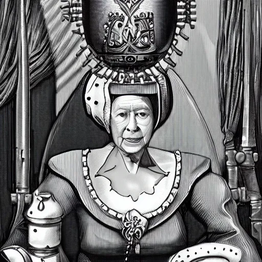 Prompt: the queen of england with dark invasive biomechanical implants sat within a nightmare of black steel and pipes