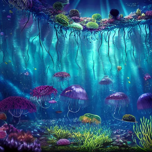 Prompt: underwater forest made of jellyfish beautiful composition, wide angle, colorful, cinematic, volumetric lighting, intricate details painting