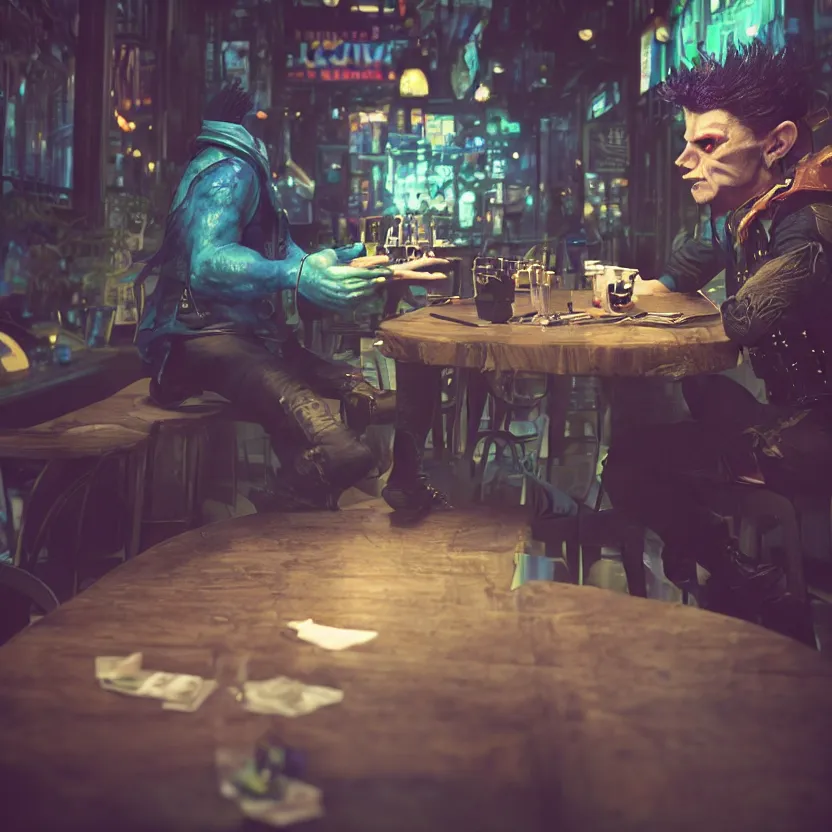 Prompt: a bored male goblin punk sitting alone at a table in a cafe in a cyberpunk city, close up shot, sharp focus, shallow depth of field, highly detailed face, 8k, unreal engine 5, cinematic lighting, vivid elegant fantasy concept art, character art, stern blue neon atmosphere, artstation, deep complimentary colors, volumetric lighting, photorealistic, hyperdetailed 3D matte painting, hyperrealism, hyperrealistic masterpiece