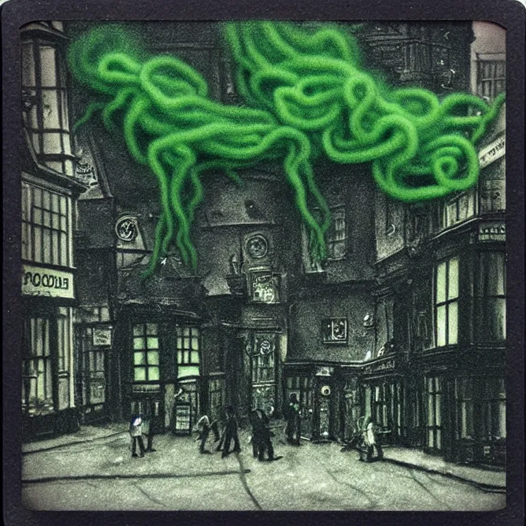 Prompt: black and dark green eldritch smoke and tendril monsters in a typical english high street. terrified people running and screaming. polaroid. photorealistic. highly detailed