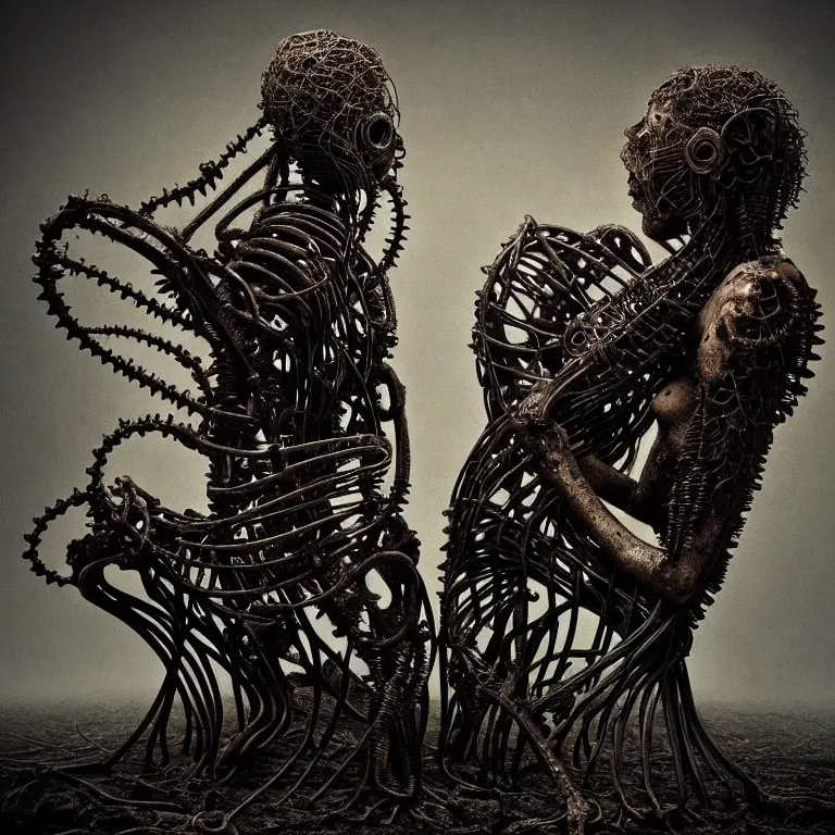 Prompt: portrait of abandoned ribbed organic biomechanical sculpture of two kissing cyborgs, covered with wires, spines, roots, ash, mold, meat, baroque painting, standing in a desolate empty wasteland, creepy, nightmare, dream-like heavy atmosphere, dark fog, surreal abandoned buildings, baroque painting, beautiful detailed intricate insanely detailed octane render trending on Artstation, 8K artistic photography, photorealistic, volumetric cinematic light, chiaroscuro, zoomed out, Raphael, Caravaggio, Beksinski, Giger